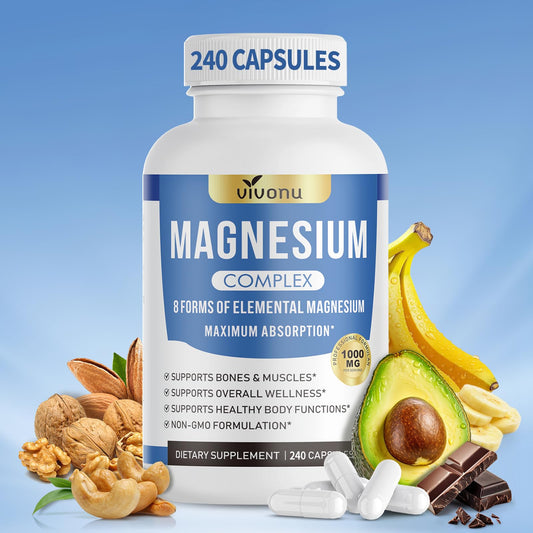 Vivonu magnesium supplement bottle with health benefits on a blue background