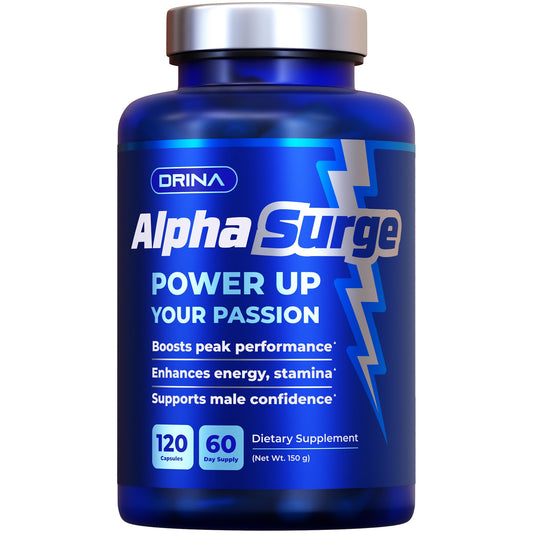 Blue supplement bottle labeled 'Alpha Surge' with branding and product details on a white background