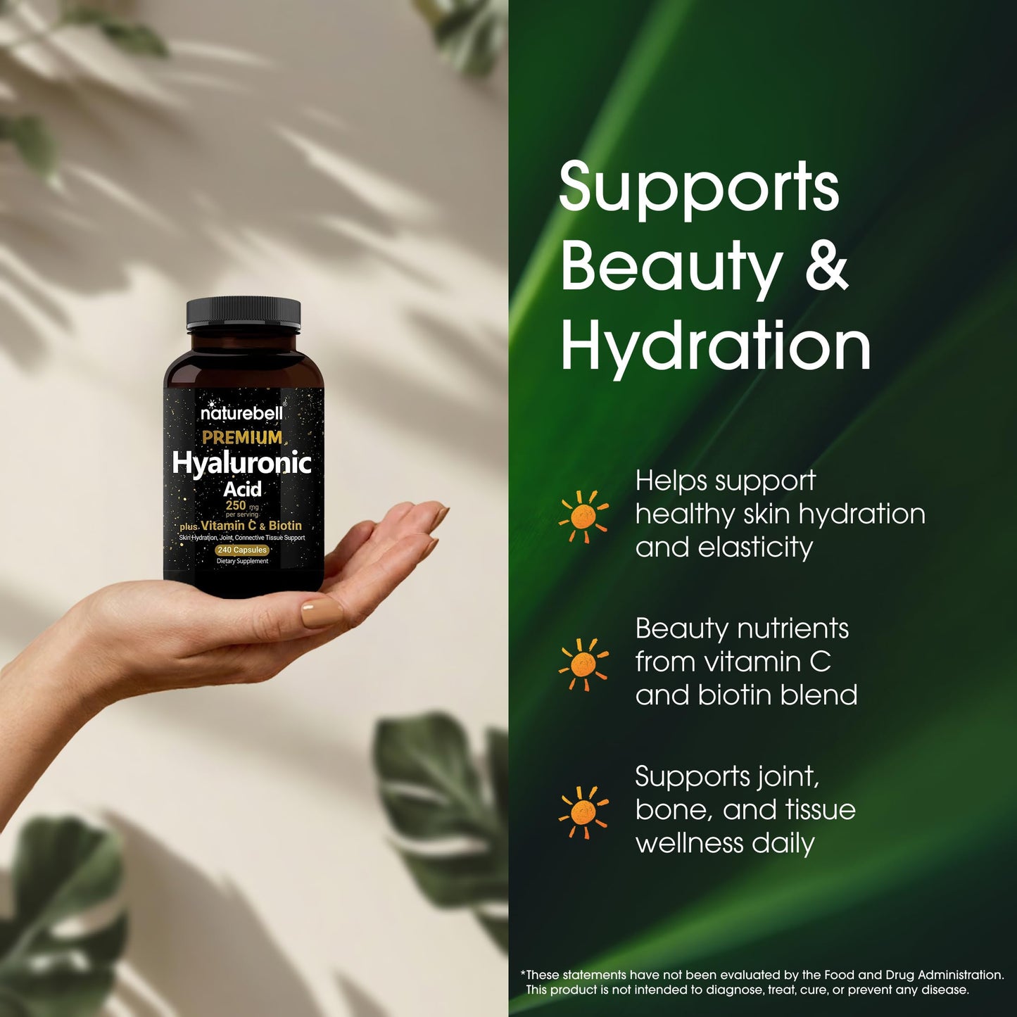 NatureBell Hyaluronic Acid 250mg - 240 Capsules - 250mg Hyaluronic Acid, 5000mcg Biotin & 25 mg Vitamin C - Supports Skin