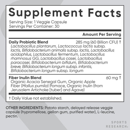 Sports Research Daily Probiotics with Prebiotics, 60 Billion CFU - Vegan Capsules for Gut Health & Digestive Support, Probiotics for Women & Men