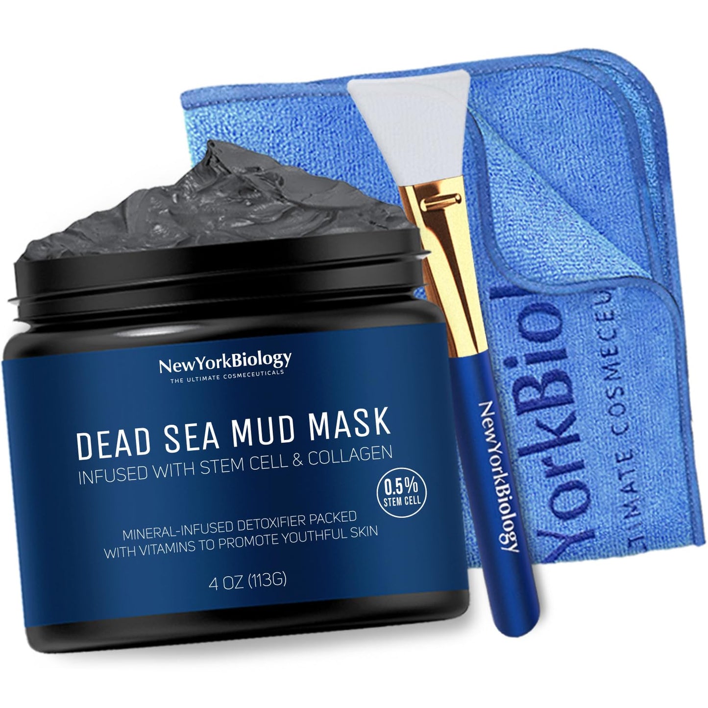 New York Biology Dead Sea Mud Mask for Face & Body | with Stem Cell and Collagen | Face Mask, Brush Applicator, Towel | Spa Quality Pore Refiner for Oily Skin