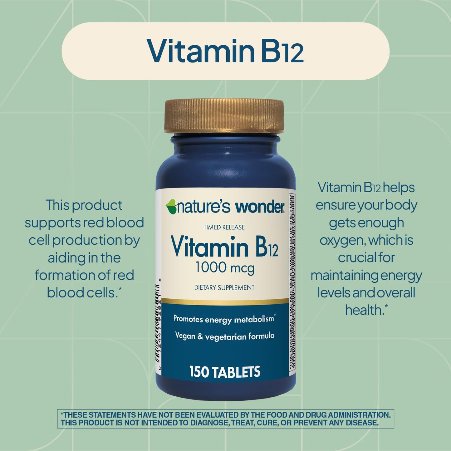 Nature's Wonder Vitamin B12 1000 mcg Timed Release Tablets for Energy Metabolism, Supports Brain Health and Nervous System Health