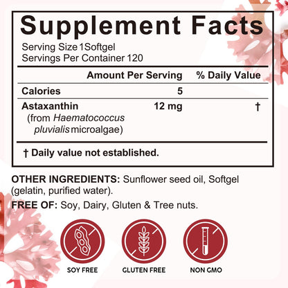 Xaarty Premium Astaxanthin 12mg, Natural Antioxidant Supplement for Eye, Joint, Skin Health,Microalgae Source, 4 Month Supply
