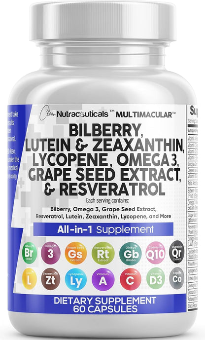 Clean Nutra Eye Vitamins with Bilberry Lutein and Zeaxanthin Supplements Lycopene 40mg Resveratrol Grape Seed Astaxanthin for Eyes - Eye Care Health Support Eye