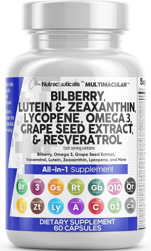 Clean Nutra Eye Vitamins with Bilberry Lutein and Zeaxanthin Supplements Lycopene 40mg Resveratrol Grape Seed Astaxanthin for Eyes - Eye Care Health Support Eye