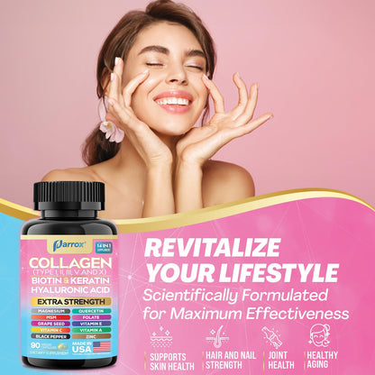 Parrox Collagen Peptides Types I, II, III, V & X, MCG Biotin, Keratin, Hyaluronic Acid, MSM, Zinc, Grape Seed Extract, Quercetin, Vitamin A, Vitamin C, Vitamin E, Magnesium, Folic Acid (90 Capsules) ParroxBuy Supplements Australia