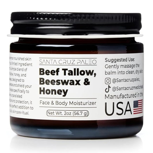 Santa Cruz Paleo, Beef Tallow, Beeswax & Honey Face Moisturizer, Organic, Unscented Grassfed Beef Tallow Skin Care, Sunscreen Free
