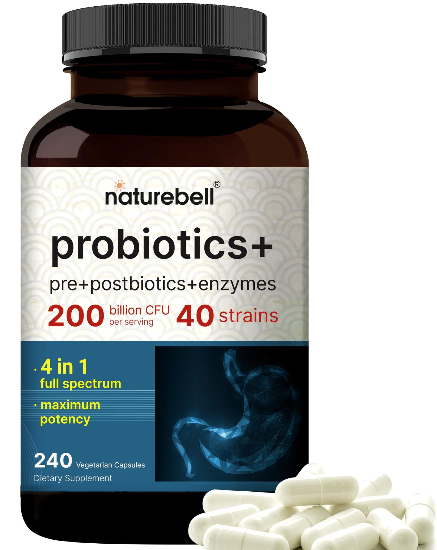 NatureBell Probiotic 200 Billion CFU – 40 Strains Per Serving | 240 Veggie Capsules with Prebiotics and Probiotics – Full Spectrum Complex with Enzymes