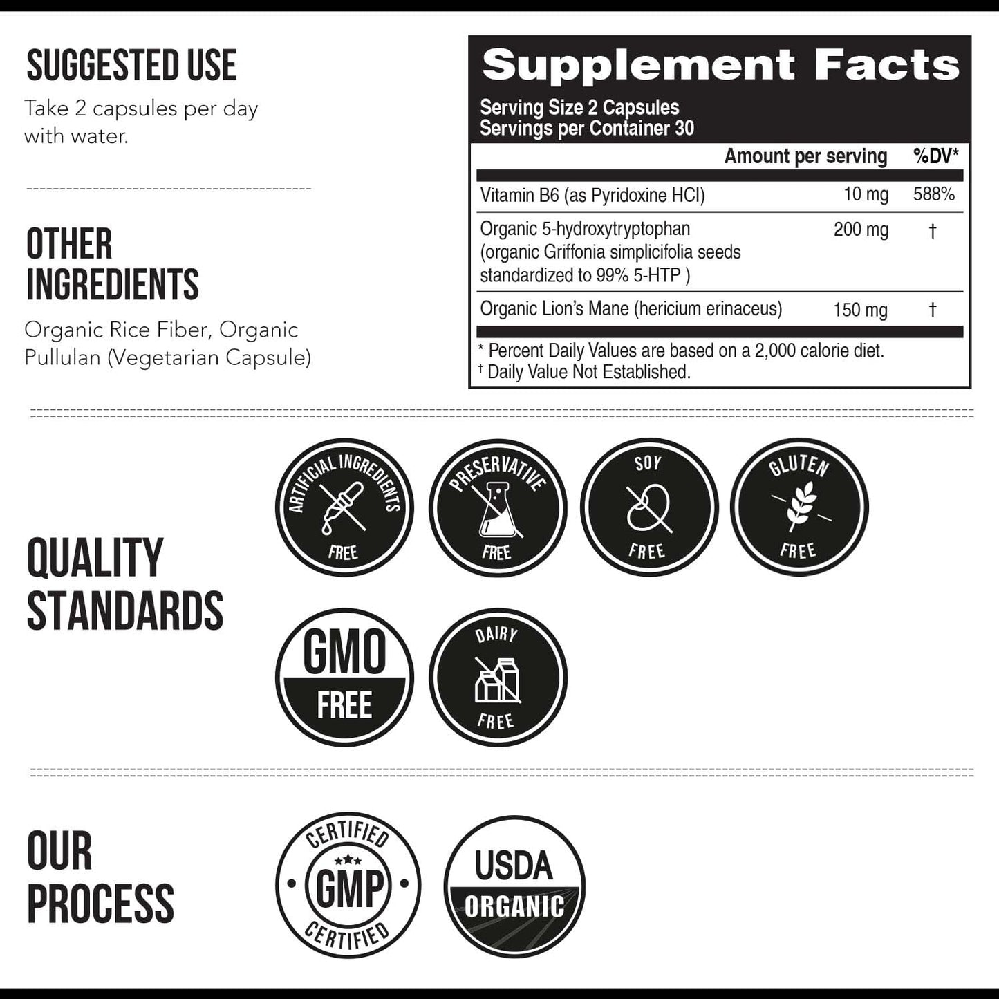 Organic 5-HTP - 200 mg | 99% 5HTP Concentration, Plus Cofactor Vitamin B6 & Lion’s Mane | Water Extracted from Organic Griffonia Seeds | Supports Mood