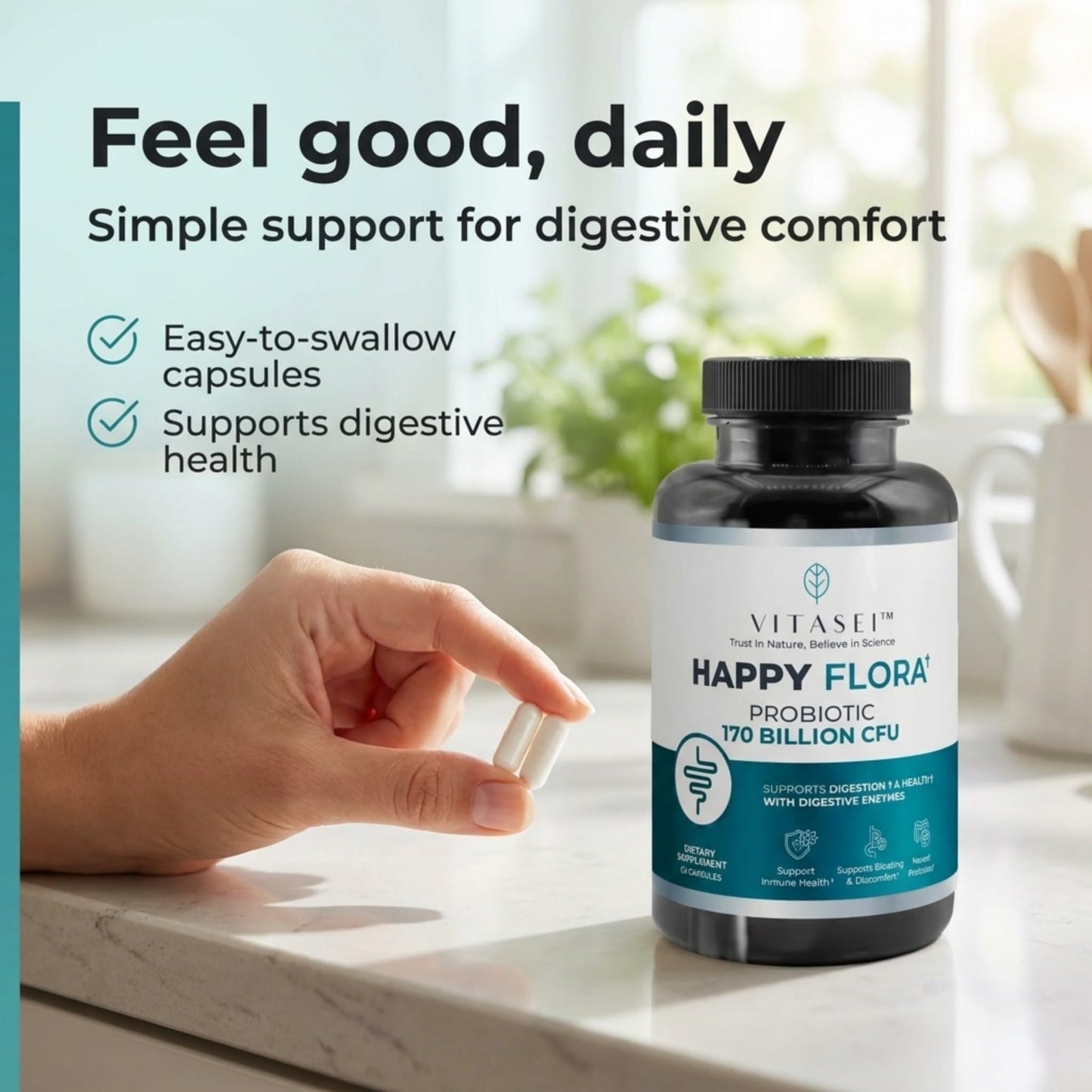 VITASEI Happy Flora Probiotic Supplement – 170 Billion CFU with Digestive Enzymes – Gut Health and Metabolic Support for Women and Men – 120 Capsules 2-Month Supply
