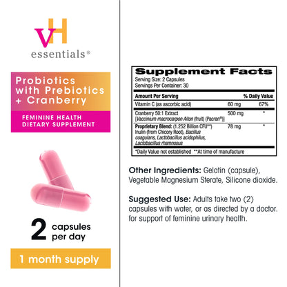 vH essentials Probiotics with Prebiotics and Cranberry Feminine Health Supplement - 60 Capsules