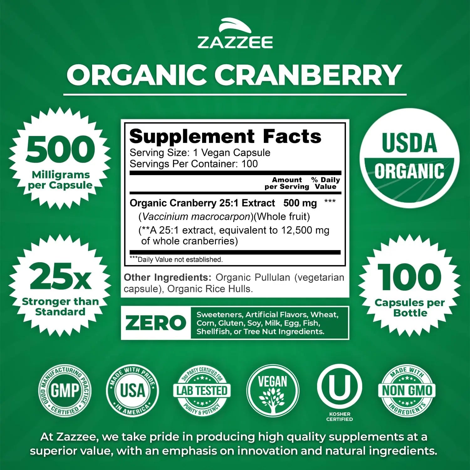 Zazzee USDA Organic Cranberry 25:1 Extract, 500 mg per Capsule, 100 Vegan Capsules, 3+ Month Supply, Certified Kosher, Vaccinium Macrocarpon, Urinary Tract & Bladder Support, Non-GMO, Made in the USA ZazzeeBuy Supplements Australia