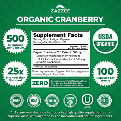 Zazzee USDA Organic Cranberry 25:1 Extract, 500 mg per Capsule, 100 Vegan Capsules, 3+ Month Supply, Certified Kosher, Vaccinium Macrocarpon, Urinary Tract & Bladder Support, Non-GMO, Made in the USA ZazzeeBuy Supplements Australia