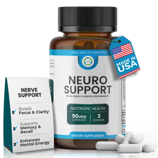 TrueMed Neuro Support - Premium Nootropic Supplement for Focus, Energy, Mental Clarity, and Performance Organic Lion’s Mane, Bacopa Monnieri, Rhodiola, Non-GMO Gluten-Free CDP Choline 90 Veg Capsules TRUEMEDBuy Supplements Australia