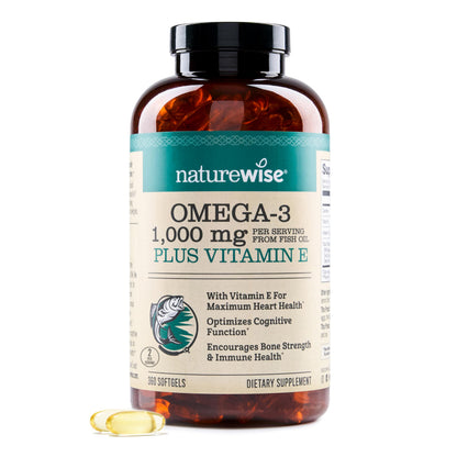 NatureWise Extra-Strength Omega 3 Fish Oil Supplement - 1000mg per Serving - 600 EPA & 400 DHA and Vitamin E - Support for Heart & Brain Health - Lemon Flavor