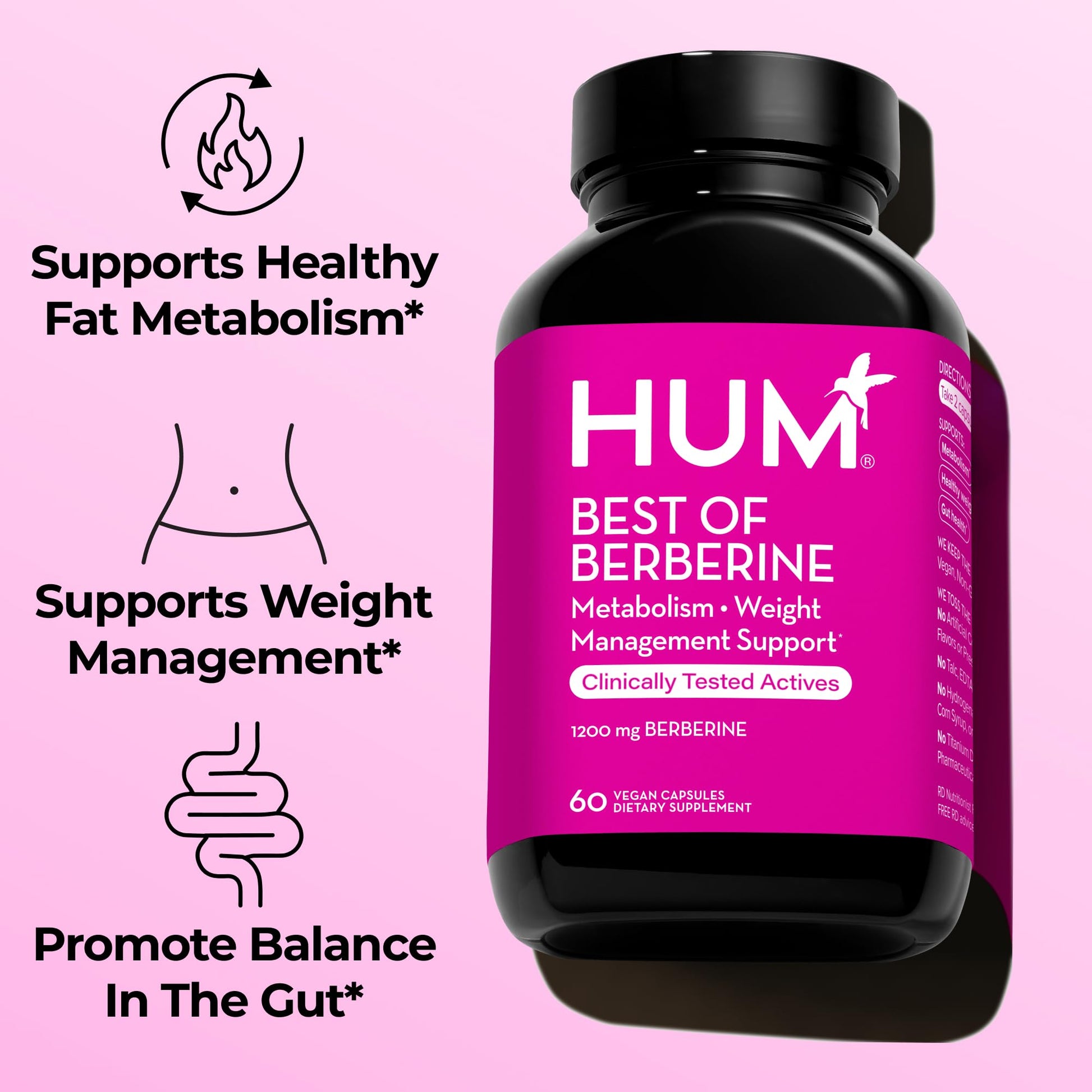 HUM Best of Berberine Supplement 1200mg, Pure Potency for Metabolic Wellness, Gut Health, Pure Berberine Supplements Enhanced with BioPerine for Maximum Absorption, 60 Capsules HUMBuy Supplements Australia