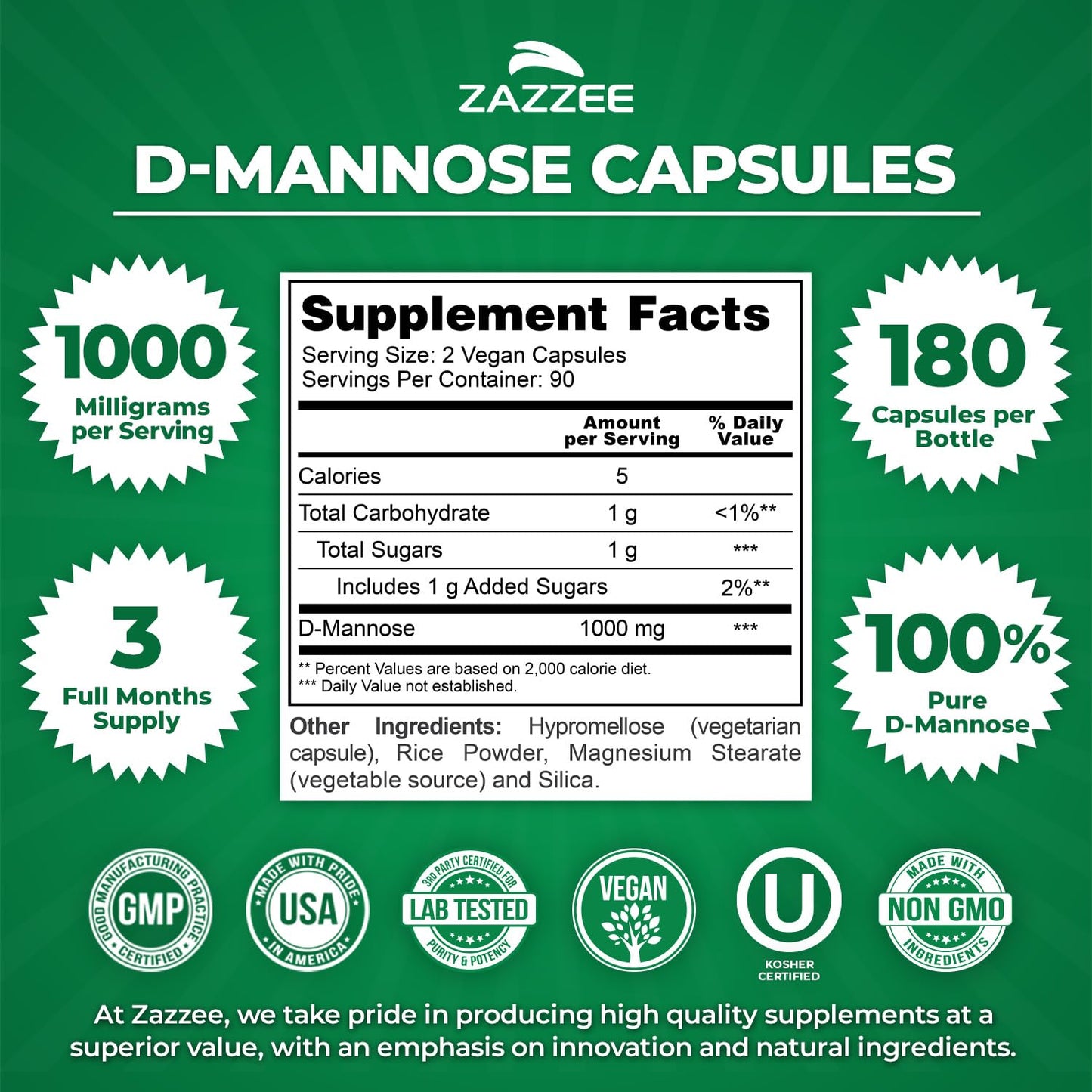 Zazzee D-Mannose, 1000 mg per Serving, 180 Vegan Capsules, 3 Month Supply, Potent & Fast-Acting, Certified Kosher, 100% Pure, All-Natural Urinary Tract Health Support, 100% Vegetarian, Non-GMO ZazzeeBuy Supplements Australia
