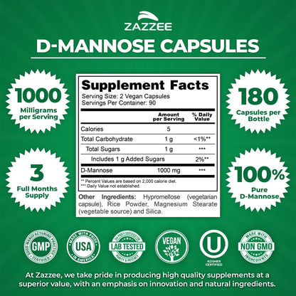 Zazzee D-Mannose, 1000 mg per Serving, 180 Vegan Capsules, 3 Month Supply, Potent & Fast-Acting, Certified Kosher, 100% Pure, All-Natural Urinary Tract Health Support, 100% Vegetarian, Non-GMO ZazzeeBuy Supplements Australia
