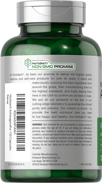 Horbäach Ashwagandha Supplement | Max Strength | 120 Capsules | Non-GMO, Gluten Free
