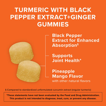 Qunol Turmeric and Ginger with Black Pepper Gummies, Turmeric Curcumin Supplement, Joint Health Support Gummy, 90ct Gummies