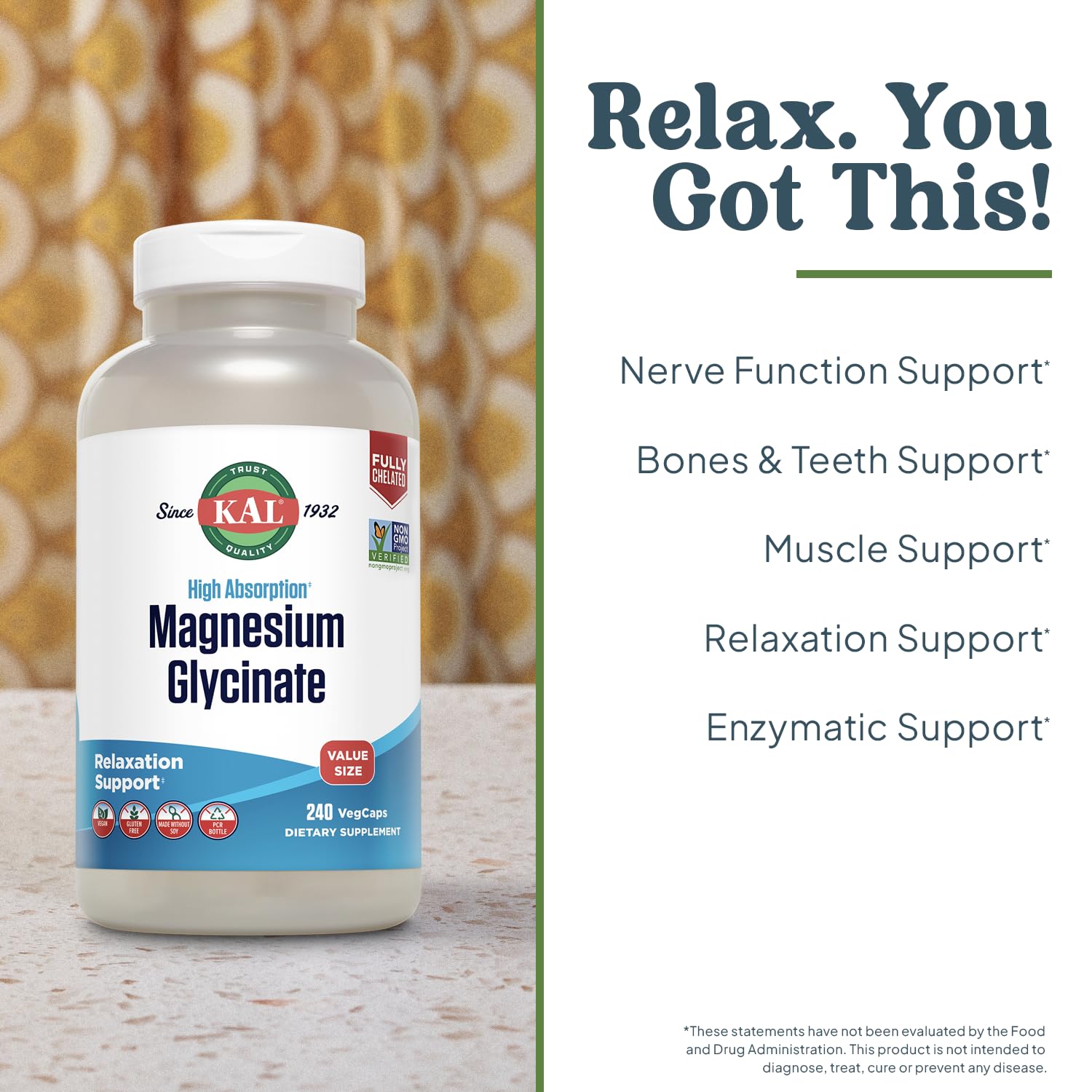 KAL Magnesium Glycinate, New & Improved Fully Chelated High Absorption Formula with BioPerine, Bisglycinate Chelate for Stress, Relaxation, Muscle & Bone Health Support, 60 Servings, 240 VegCaps KALBuy Supplements Australia