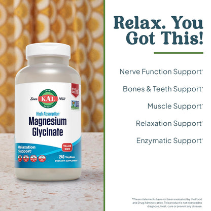 KAL Magnesium Glycinate, New & Improved Fully Chelated High Absorption Formula with BioPerine, Bisglycinate Chelate for Stress, Relaxation, Muscle & Bone Health Support, 60 Servings, 240 VegCaps KALBuy Supplements Australia