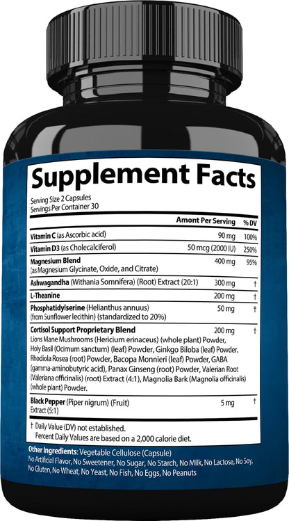 StrongVit Cortisol Supplements for Women and Men with Magnesium, Ashwagandha & L-Theanine. High Cortisol Reducer, Manager, Detox,