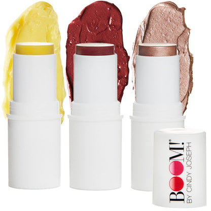 Boomstick Trio ® Color 3 Pack Cream Blush Makeup, Color Blush Stick, Highlighter Stick & Moisturizer for Cheeks, Eyes & Lips, Blendable Vegan Boom Sticks by Cindy Joseph
