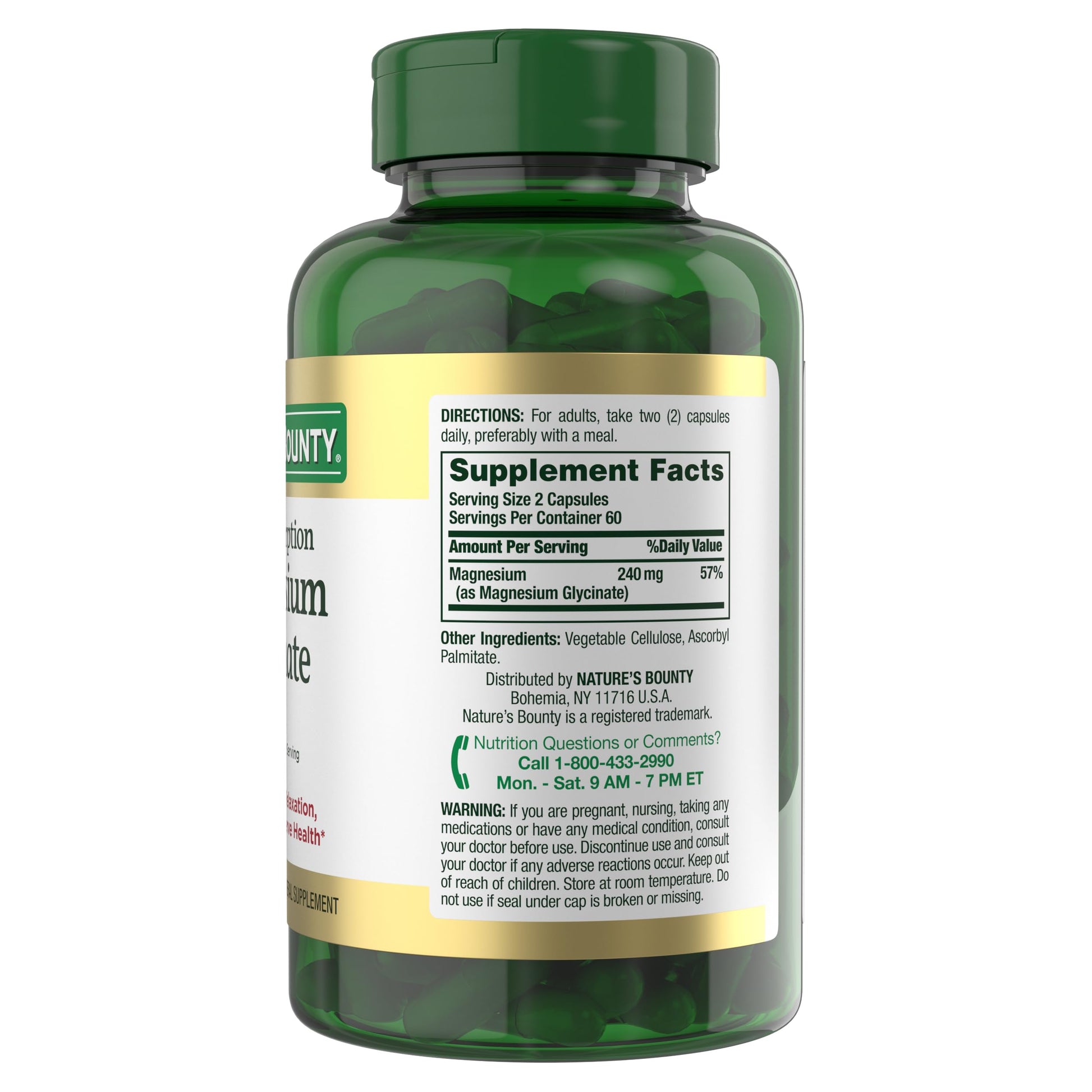 Nature’s Bounty High Absorption Magnesium Glycinate 240 mg for Supporting Muscle Relaxation and Bone, Heart & Nerve Health – Non-GMO, Gluten-Free, Vegetarian, 120 Count/60 Servings Nature's BountyBuy Supplements Australia