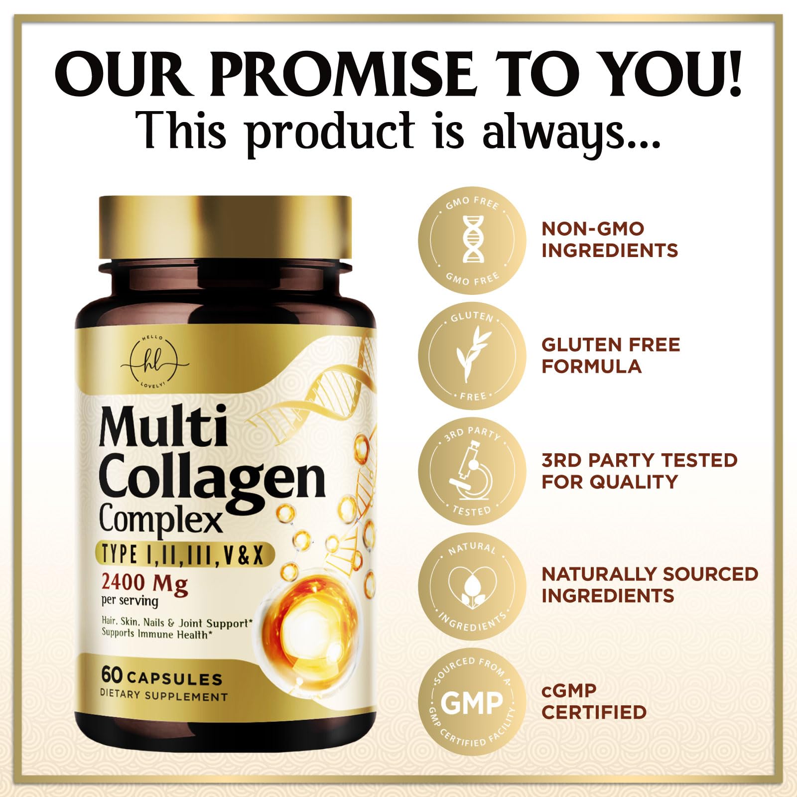 Multi Collagen Peptides for Women & Men - 2400mg per Serving - Best Hydrolyzed Collagen Complex with Type I, II, III, V, X - Hair, Skin, Nails & Joint Support Supplement - Bottled USA - 60 Capsules Hello Lovely! buy supplements Au