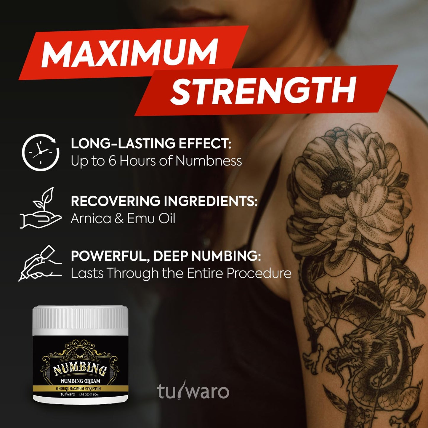 tuiwaro Numbing Cream Extra Strength: Relief Long Lasting & Fast-Absorbing with Emu Oil and Arnica — Non-Greasy 50 mL