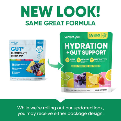 Venture Pal 2-in-1 Hydration Packets + Gut Health Electrolytes Powder - 7 Electrolytes & 5 Vitamins, Probiotics