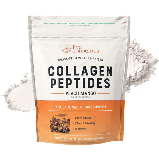 Live Conscious Collagen Peptides Powder - Peach Mango Flavored Collagen Powder - Hair, Skin, Nail, & Joint Support - Type I & III Grass-Fed Collagen Supplements for Women and Men - 30 Servings - 13oz Live Conscious buy supplements Au