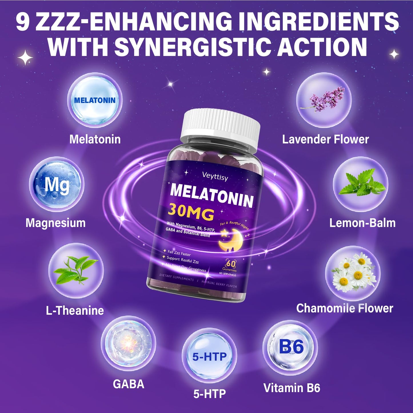 Veyttisy Melatonin 30mg Gummies for Adults - Sugar Free Melatonin Gummies Maximum Strength with Magnesium, B6, GABA & Botanical Blend - Non-Habit Forming,Vegan
