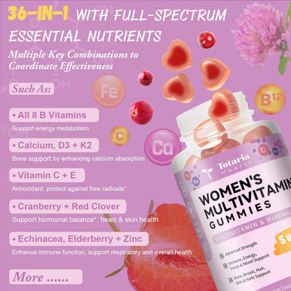 Totaria Sugar Free Multivitamin Gummies for Women 14+ w/Iron, Inositol, Folate, Biotin, Womens Daily Multivitamin Gummy w/Vitamin A, C, B, D3, K2, for Hair, Skin,