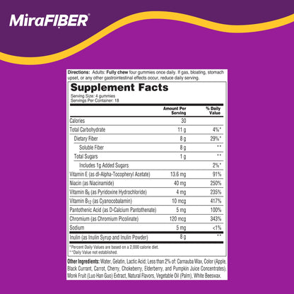 MiraFIBER Gummies from The Makers of MiraLAX, 8g of Daily Fiber Per Serving, Metabolism Support with B Vitamins, Gut Health for Men & Women