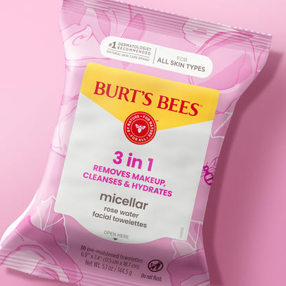 Burt’s Bees Micellar Rose Water Facial Towelettes, 100% Plant Based Cloth; 99% Natural Origin; Remove Makeup, Cleanse, Hydrate; No Oily Residue; All Skin Types; 30 Ct, Pack of 3 (Pack May Vary)