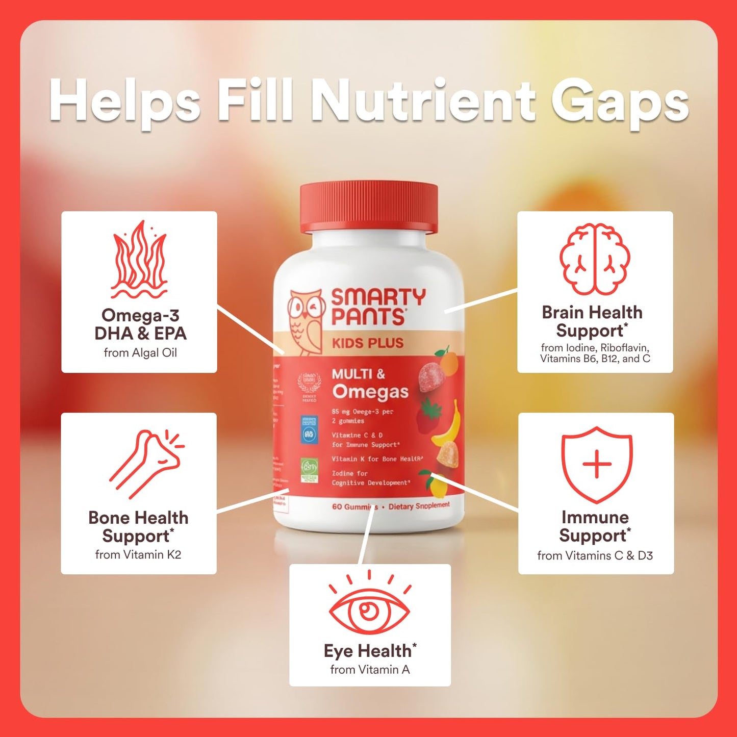 SmartyPants Kids Multivitamin Gummies with Omega 3 DHA/EPA, Vitamins D3, C, B12, B6, A, K, and Zinc, Gluten Free