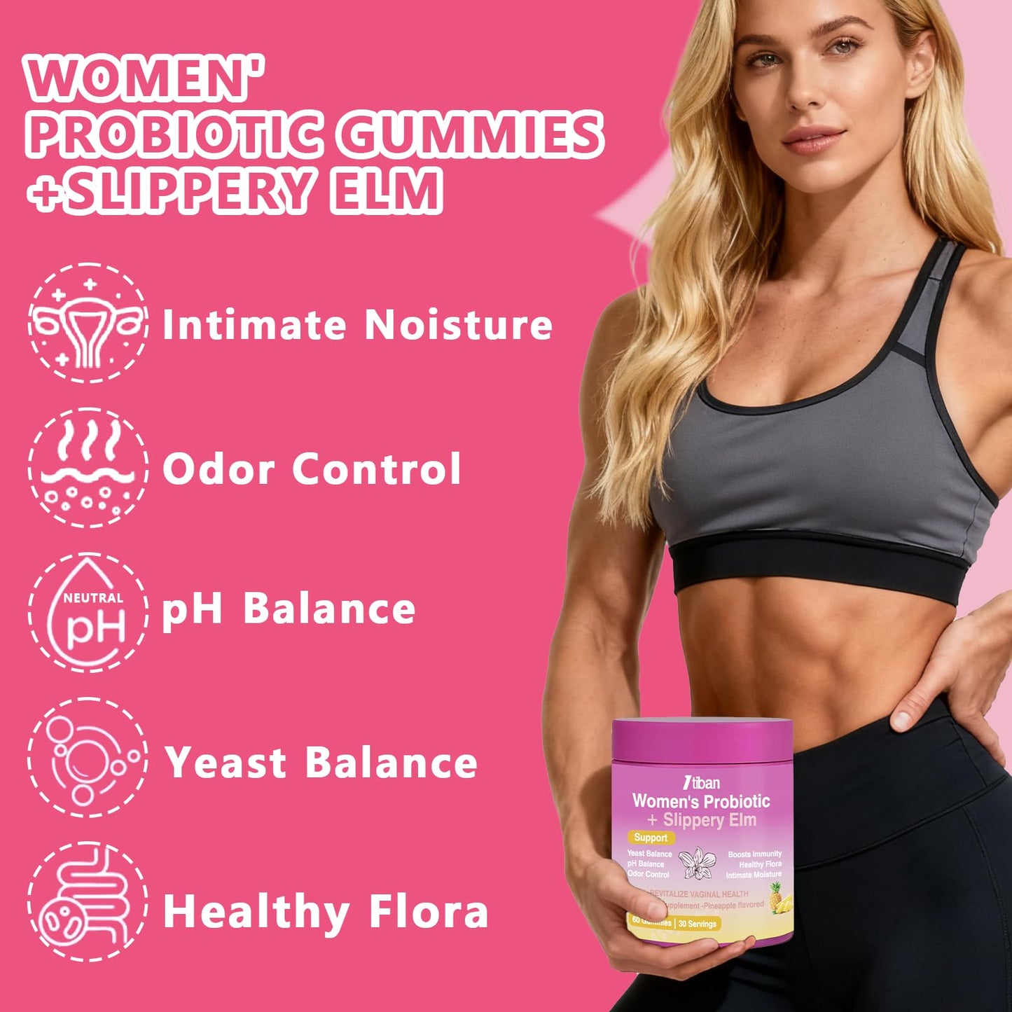 Itiban Feminine Vaginal Probiotics Gummies, Supports pH Balance & Digestive Health, Slippery Elm for Women, Suagr-Free