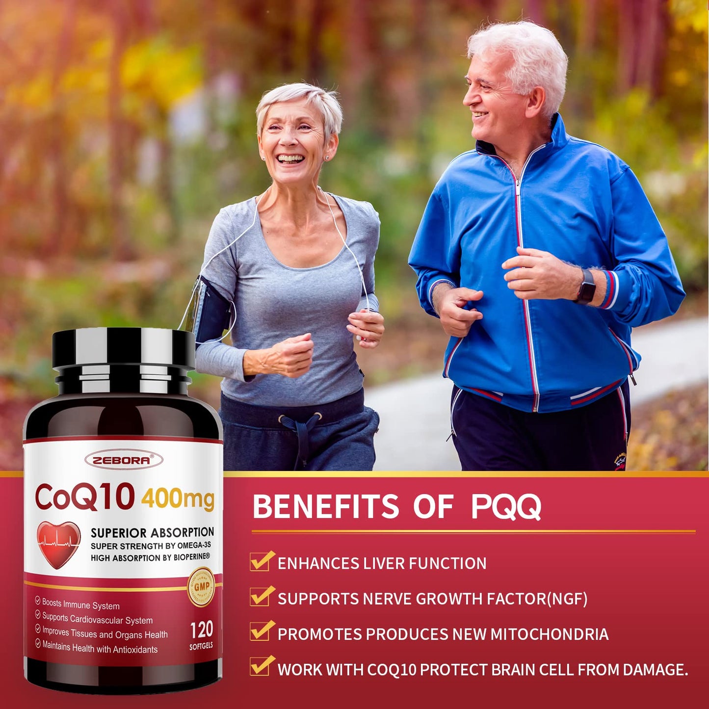 ZEBORA CoQ10-400mg-Softgels with PQQ, BioPerine & Omega-3, Coenzyme Q10(Ubiquinone) Supplement for High-Absorption, Powerful-Antioxidant