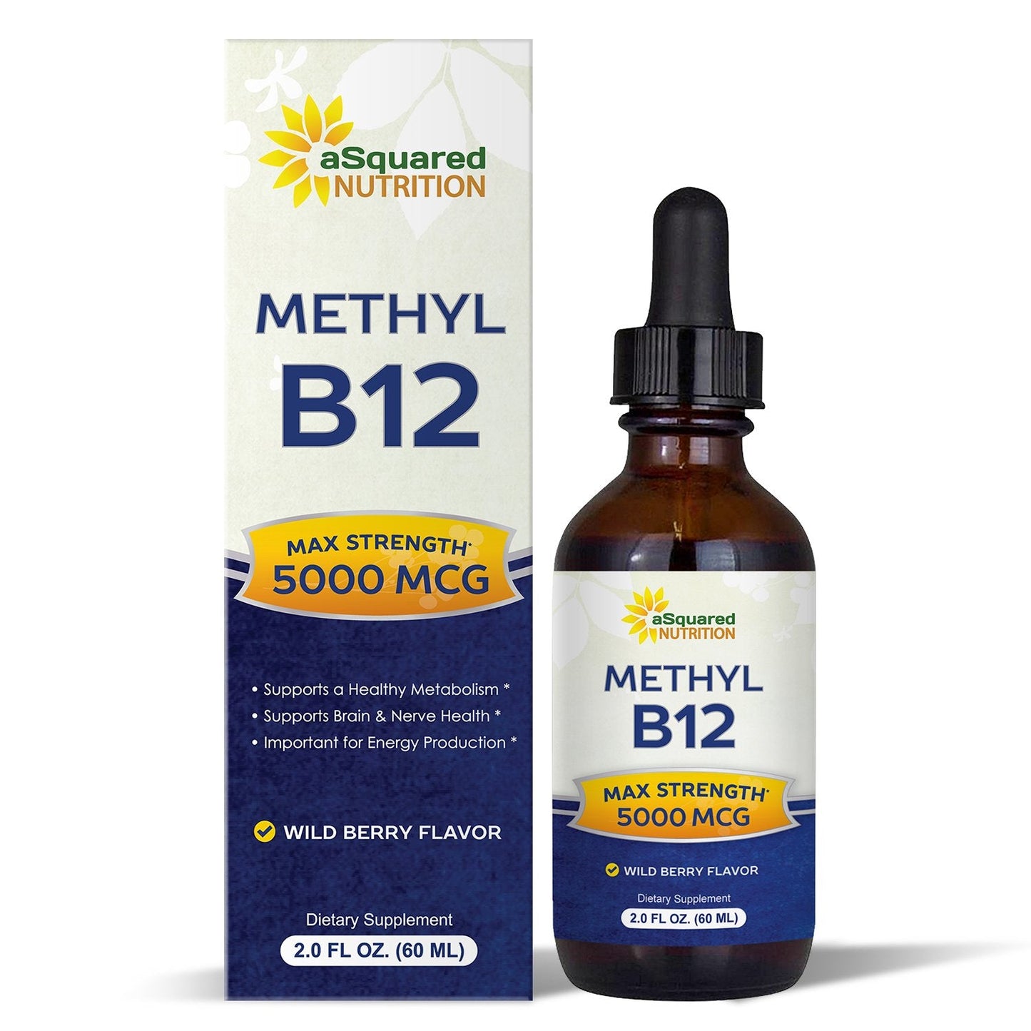 aSquared Nutrition Vitamin B12 Sublingual Liquid Drops - 5000 MCG Supplement with Methylcobalamin (Methyl B-12) - Max Absorption