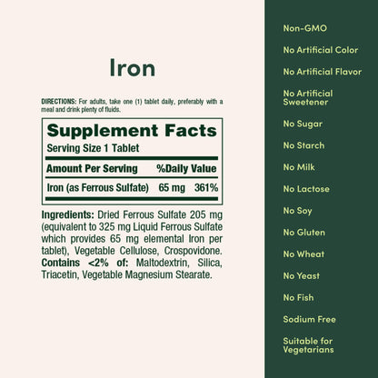 Nature’s Bounty Iron 65mg, 325 mg Ferrous Sulfate, Cellular Energy Support, Promotes Normal Red Blood Cell Production
