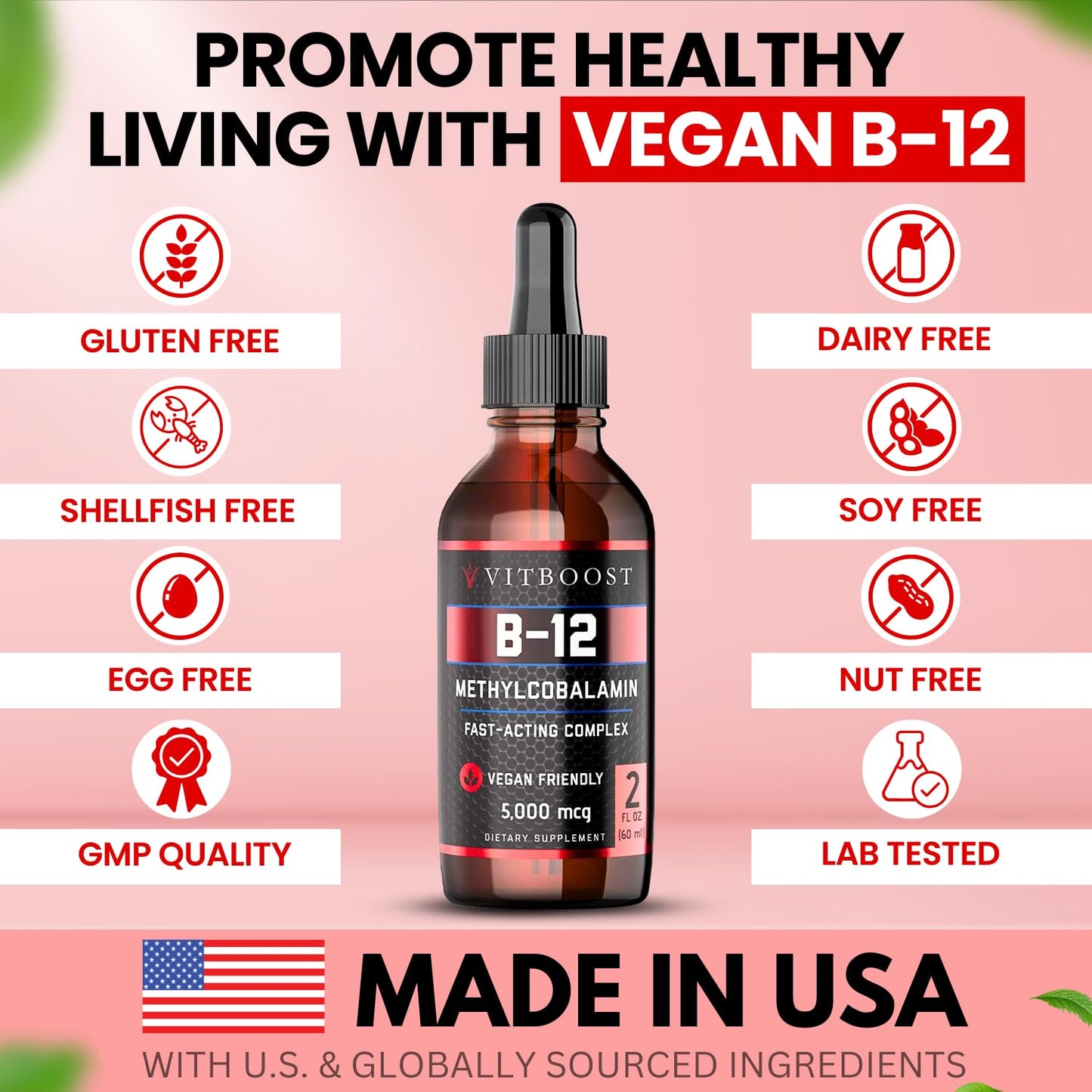 VITBOOST Vegan Liquid B-12 Drops – 60 x 5000 mcg Extra Strength Raspberry Flavored Vitamin B12 Liquid Methylcobalamin sublingual Supplement | Designed to Maximize Absorption