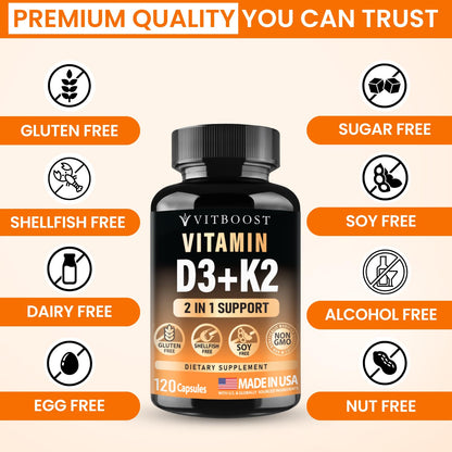 VITBOOST Vitamin D3 K2 Complex - Easy to Swallow - Vitamin D (D3) 5000 IU (125 mcg) & K2(MK-7) 90 mcg | Non-GMO | Gluten-Free