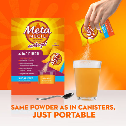Metamucil On-the-Go Packets, Sugar-Free, 44 Packets, 4-in-1 Psyllium Husk Fiber Supplement, Orange Flavored, Individual Servings Great for Travel