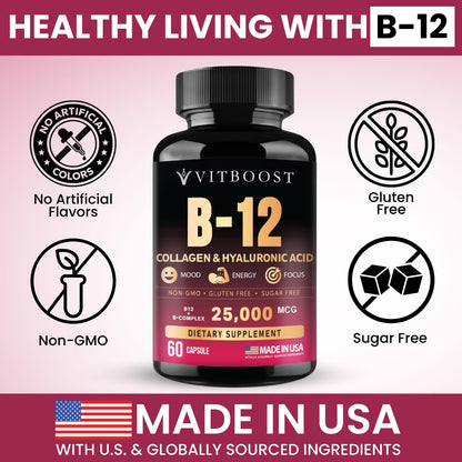 B12 with Hyaluronic Acid, Collagen and Folate – 25000 mcg B12 Complex | Maximize Absorption & Energy | Gluten Free USA Made, B1, B2, B3, B6, B7, B12 vitamins 5000 mcg