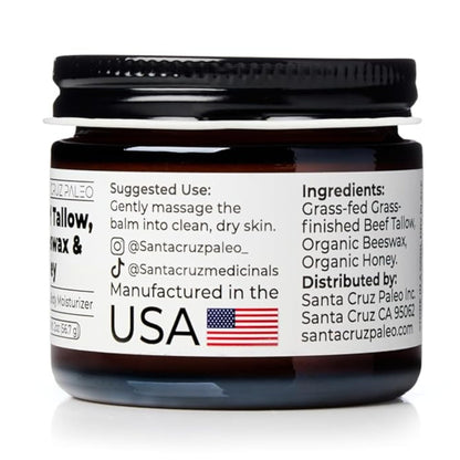 Santa Cruz Paleo, Beef Tallow, Beeswax & Honey Face Moisturizer, Organic, Unscented Grassfed Beef Tallow Skin Care, Sunscreen Free
