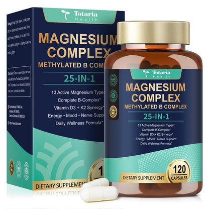 Supplement bottle and packaging of Totaria Health Magnesium Complex Methylated B Complex on a white background