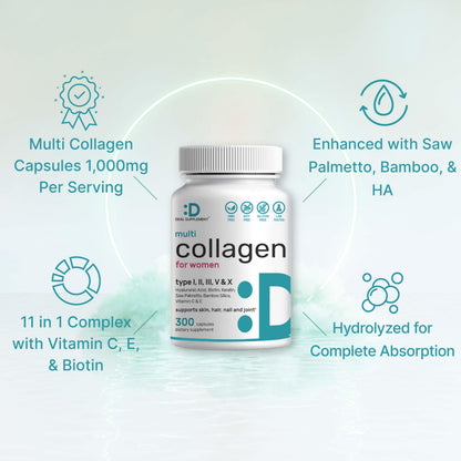 Multi Collagen Pills for Women & Men with Vitamin C, E & Biotin, 300 Capsules – Type I, II, III, V, X Hydrolyzed Collagen Peptides – 11 in 1 Formula with Saw Palmetto