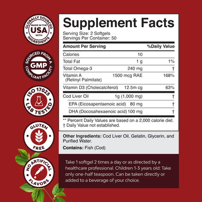 Icelandic Wild Caught Cod Liver Oil Softgels - Fish Omega 3, EPA, DHA, Vitamin D & A, 1000mg Per Serving - Burpless Capsules for Heart